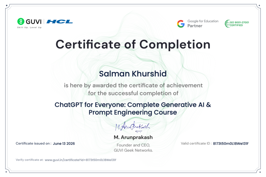 GUVI HCL ChatGPT for Everyone certificate