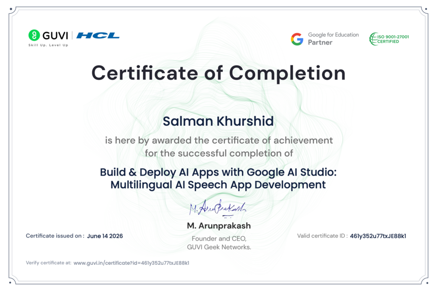 GUVI HCL Multilingual AI Speech App Development certificate