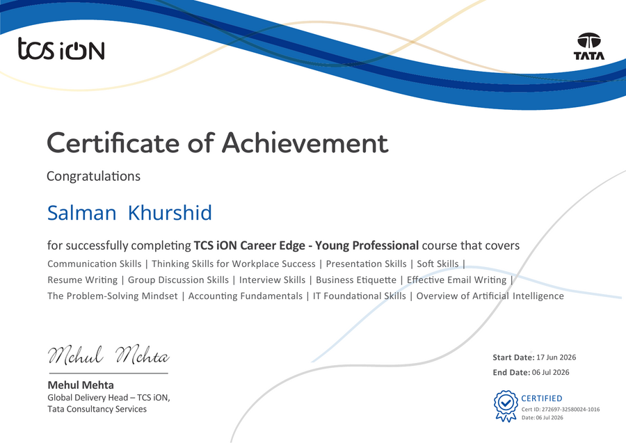 TCS iON Career Edge Young Professional certificate