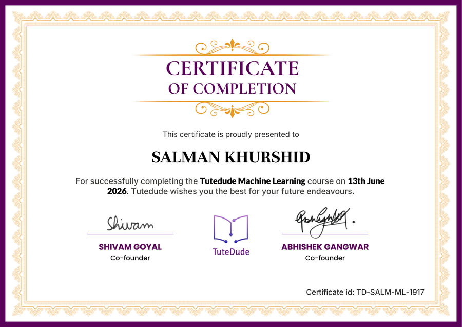 Tutedude Machine Learning certificate